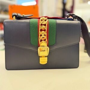 Gucci Sylvie Shoulder Bag - Navy and Green Crossbody Bag with Gold Accent